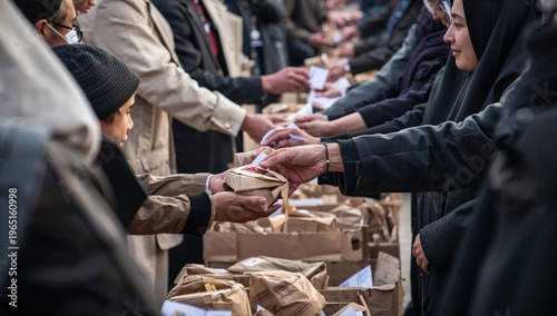 People receiving food from volunteers during a charitable event
