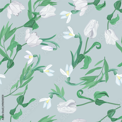 Seamless vector illustration of tulips and snowdrop against a blue backdrop, perfect for adding a touch of elegance to textiles and packaging.