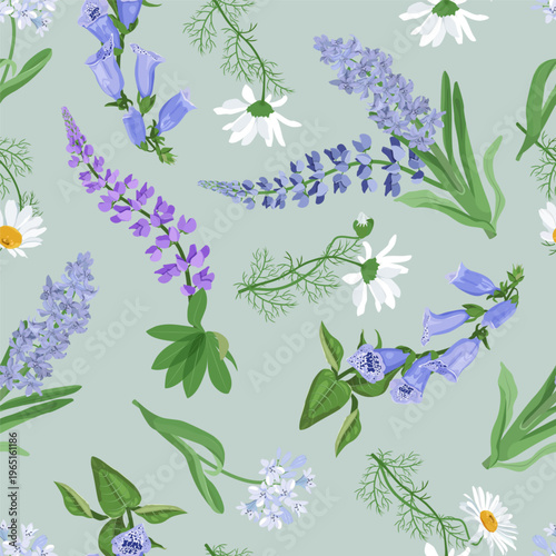 Hyacinth, lupines, and chamomiles against a blue background create a seamless floral pattern that is perfect for textile decoration or packaging.