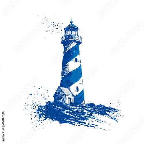 Blue and white lighthouse on a rocky shore with waves