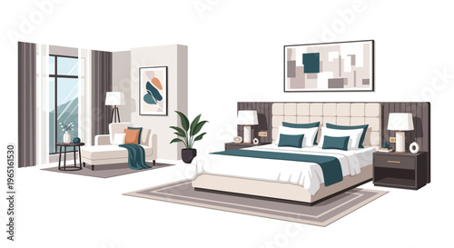 Modern Bedroom Interior Design with King Size Bed, Chaise Lounge, and Artwork