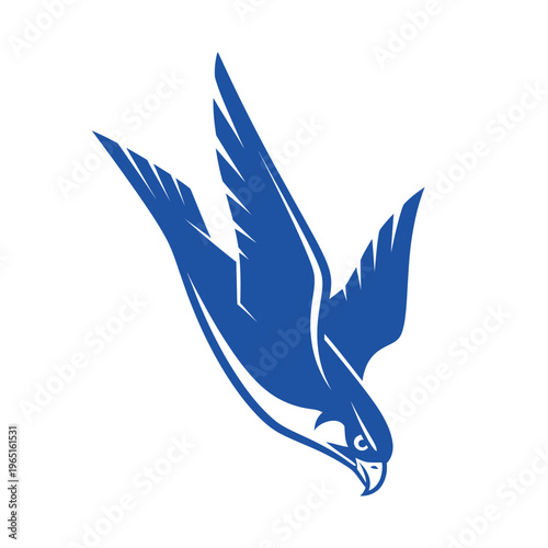 Blue falcon in mid-flight against a white background