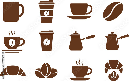 Coffee Icon Set with Mugs, Takeaway Cups, Beans, Cezve and Croissants