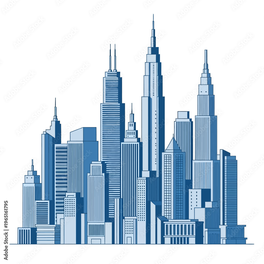 Fototapeta premium Blue skyline illustration of urban skyscrapers at dusk