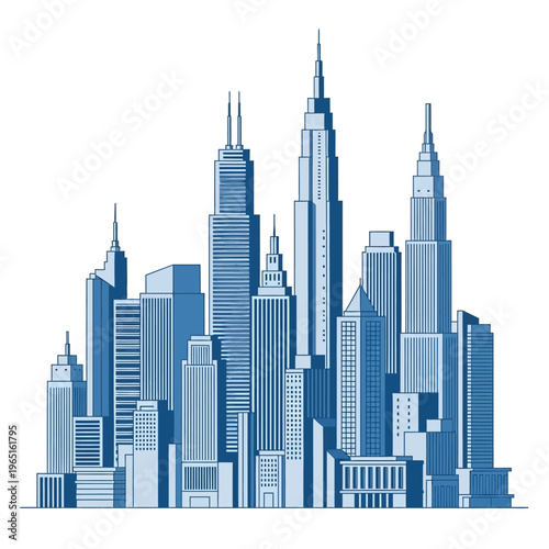 Blue skyline illustration of urban skyscrapers at dusk