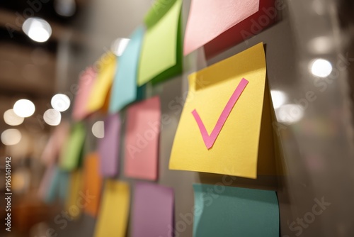 Checkmark icon on colorful sticky notes wall