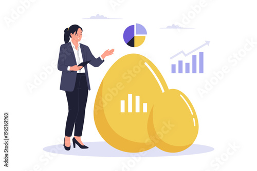 Golden Eggs and Financial Growth Nest Egg Illustration. A businesswoman with golden eggs with data charts, representing the "nest egg" concept, asset diversification, and long-term investment security