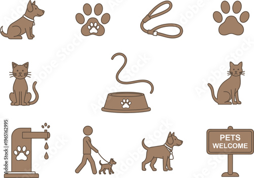 Pet Care Icon Set- Dogs, Cats, Paws, Leash, Food Bowl, and Pets Welcome Sign