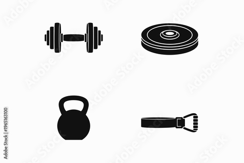 Dumbbell, kettlebell, weight plate, resistance band. Black icons for gym fitness strength training and workouts
