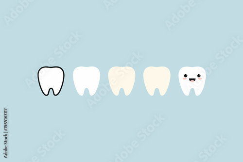 Cute kawaii cartoon teeth characters, representing dental hygiene and oral health awareness, with one tooth smiling brightly and others fading in color on a pastel blue