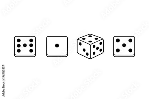 Four Dice Icons Showcasing Different Numbers and Sides, Representing Chance, Games, and Luck with Simple Graphics and Outline Styles