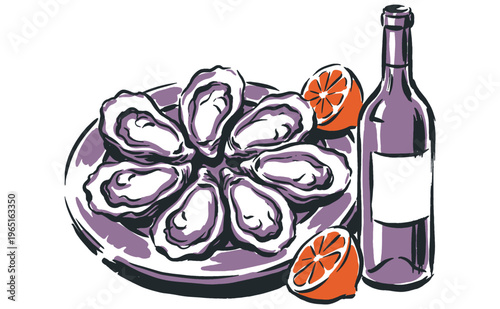 Seafood dining vibe. Fresh oysters and wine vintage t-shirt design. Gourmet food club artwork for print, poster, sticker, vector illustration.