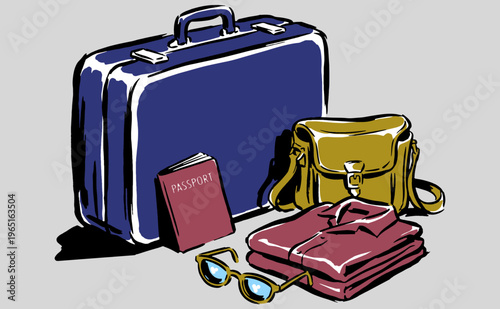 Adventure awaits. Travel essentials illustration. Explore the world wanderlust design. Suitcase, passport, and vacation gear print.