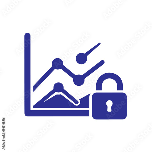 Dark blue data visualization chart displays complex fluctuating points protected by a solid, closed padlock symbol.