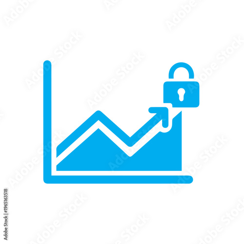 Bright cyan line graph illustrates secure data growth trend featuring an upward arrow and padlock icon.
