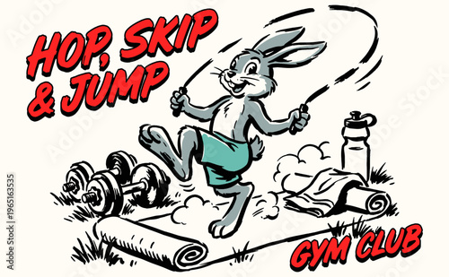 Hop, skip and jump. Retro fitness bunny graphic for t-shirt print, poster, sticker and gym club apparel.