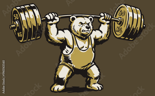 Strong bear weightlifting club design. Beast mode gym artwork. Grizzly lifting heavy barbell print for t-shirt, poster, and fitness apparel.