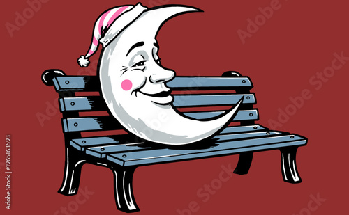 Sleepy night vibes. Whimsical crescent moon resting on a bench graphic artwork. Good night concept for print design, poster, and sticker.