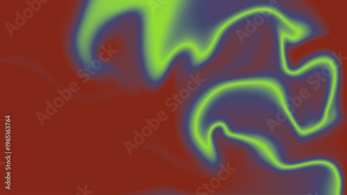Abstract fluid background with vibrant green and purple liquid waves on a deep red backdrop