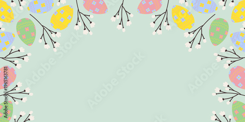 Top Frame border made of Easter Eggs and blooming twigs Copy space Template Banner Format Minimalist. Vector illustration Easter Holidays Greeting or Media post decor, promo banner leaflet, label, tag