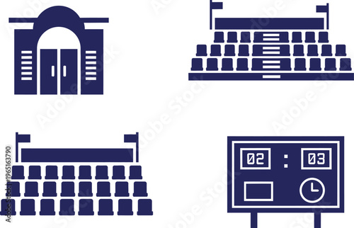 Stadium and Sports Arena Icon Set with Bleachers Scoreboard and Entrance