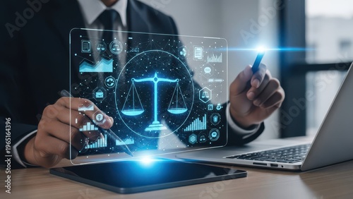 Lawyer using digital interface with justice scales and data analytics