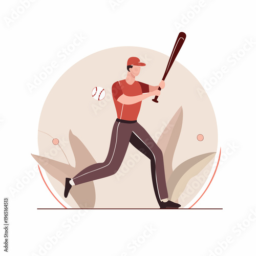 Baseball player swinging bat during a game, action illustration