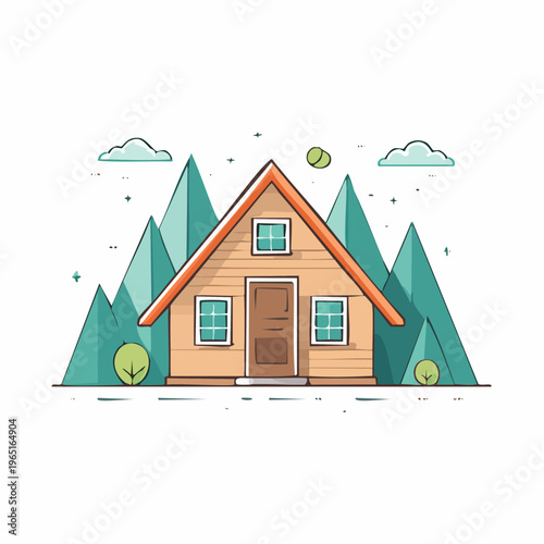 Charming A-Frame Cabin Illustration Nestled Amidst Green Mountains and Serene Natural Landscape Vector