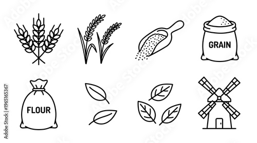 Agricultural and milling elements, wheat bundle, rice plants, flour sack, windmill, grain scoop, traditional farming, food production vector illustration.