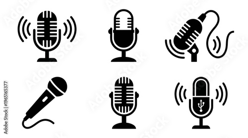 Microphone icons, diverse styles, studio condenser, handheld, USB, vintage grille, sound waves, audio recording, broadcasting, communication vector illustration set.