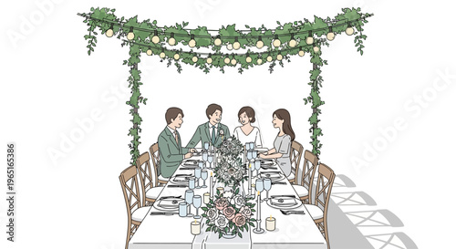 Wedding reception table setting with floral decor and string lights