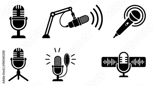 Microphone icons, diverse styles, studio condenser, handheld, USB, vintage grille, sound waves, audio recording, broadcasting, communication vector illustration set.