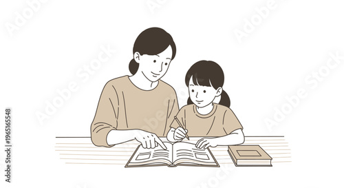 Mother and daughter studying together, reading a book, educational concept, warm illustration