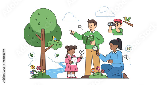Children Learning Nature Outdoors: Birdwatching, Magnifying Glass, Ecology Education