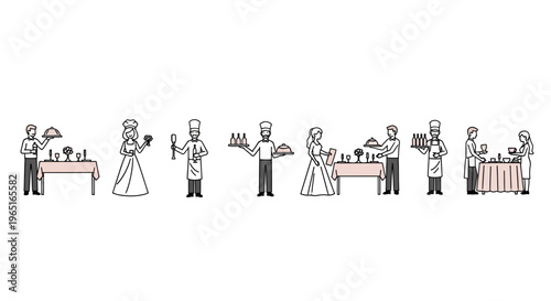 Chefs and Waitstaff Serving Food at Buffets and Tables, Catering Event