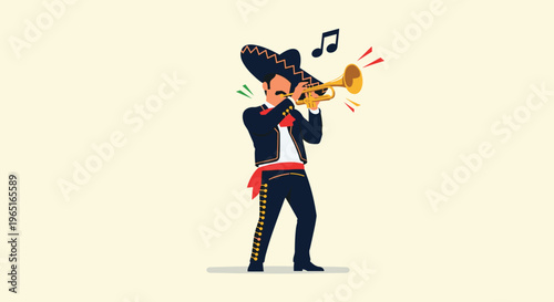 Mariachi musician in traditional black and red costume playing a trumpet with musical notes and decorative elements in the air.
