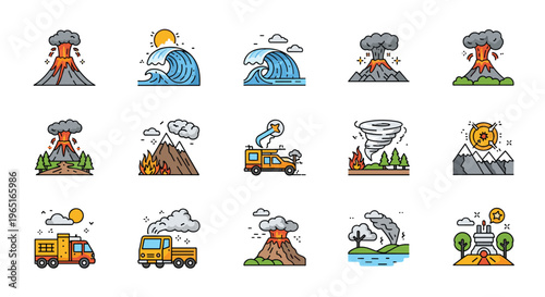 Large set of colorful icons depicting natural disasters such as volcanic eruptions, tsunamis, forest fires, and tornadoes on white.