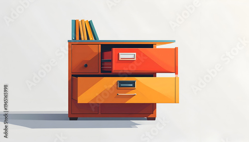 Orange cabinet with open drawers and books on top in cartoon style illustration