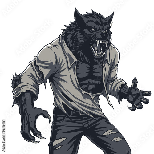 Ferocious Werewolf Transformation with Ripped Clothes and Sharp Claws.