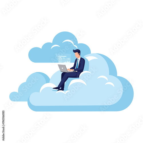 Businessman Working on Laptop in Cloudy Environment