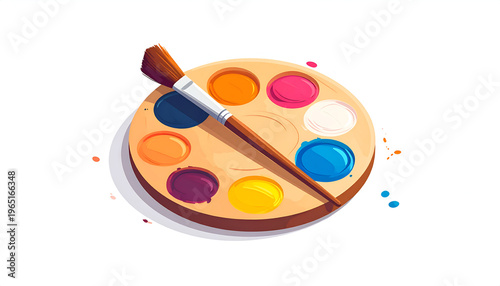Paint palette with colorful paints and paintbrush in cartoon style illustration