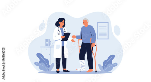 Female doctor in a white lab coat talking to an elderly man with a leg cast and crutches in a medical clinic environment.