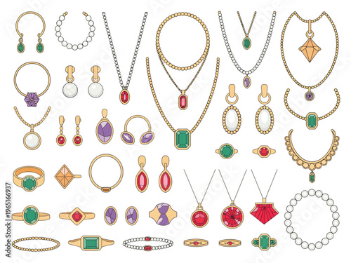 Different types of jewelry vector illustrations set, collection of gold, silver, pearl, and diamond rings, earrings, pendants, and bracelets for women, flat vector designs for accessories, wedding