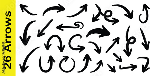 A seamless pattern collection of black and white abstract vector backgrounds featuring a drawing set of artistic arrow symbols and alphabet font elements for modern wallpaper design