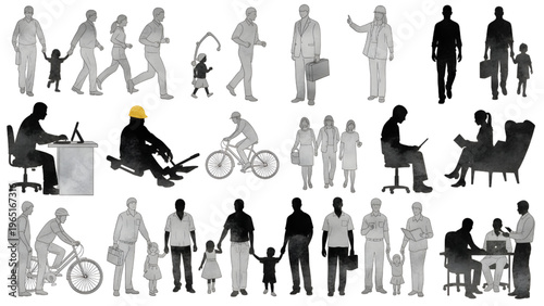 Diverse people AutoCAD drawing collection, watercolor silhouette style, white background, architectural figures, human scale illustrations