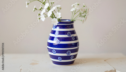 Artisanal ceramic vase with striking cobalt blue and white stripes, adorned with small floral details and filled with delicate white blossoms. Placed on a light stone surface against a soft neutral, 