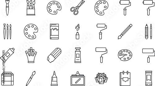 Art Supplies and Creative Tools Vector Icon Set Featuring Paint Brushes Palettes Scissors Rollers Markers and Stationery for Professional Artistic Design,