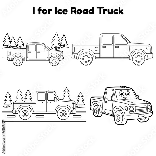 'I' for Ice Road Truck Set of Construction vehicles Machines Vector Illustration Black and White Line Art Design Coloring Pages