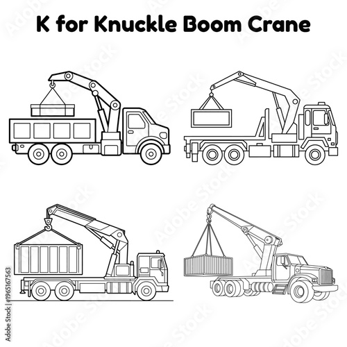 'K' for Knuckle Boom Crane Set of Construction vehicles Machines Vector Illustration Black and White Line Art Design Coloring Pages