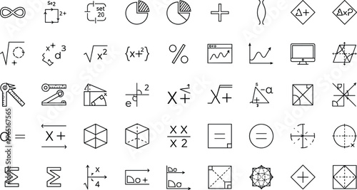 Mathematics and Science Line Icon Set Featuring Geometry Formulas Algebra Symbols Calculus Graphs Trigonometry Shapes Physics Equations and Educational Vector Elements